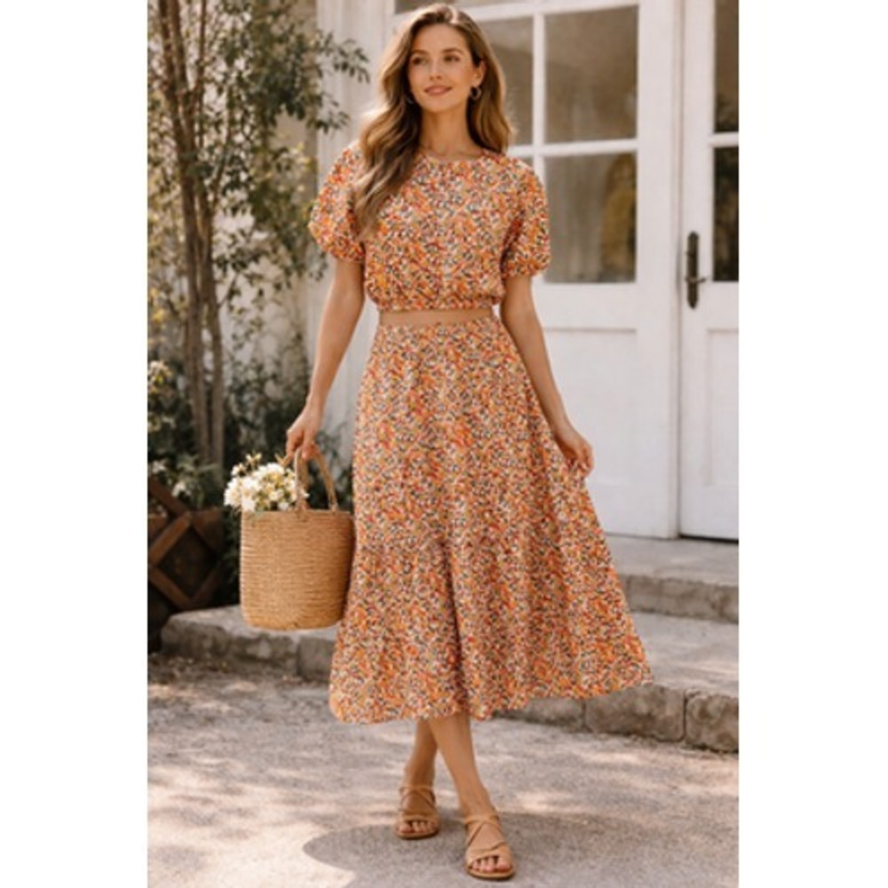 MVN The Label 2 Piece Set Floral Midi Skirt Crop Top US 8 Boho Cottagecore Match